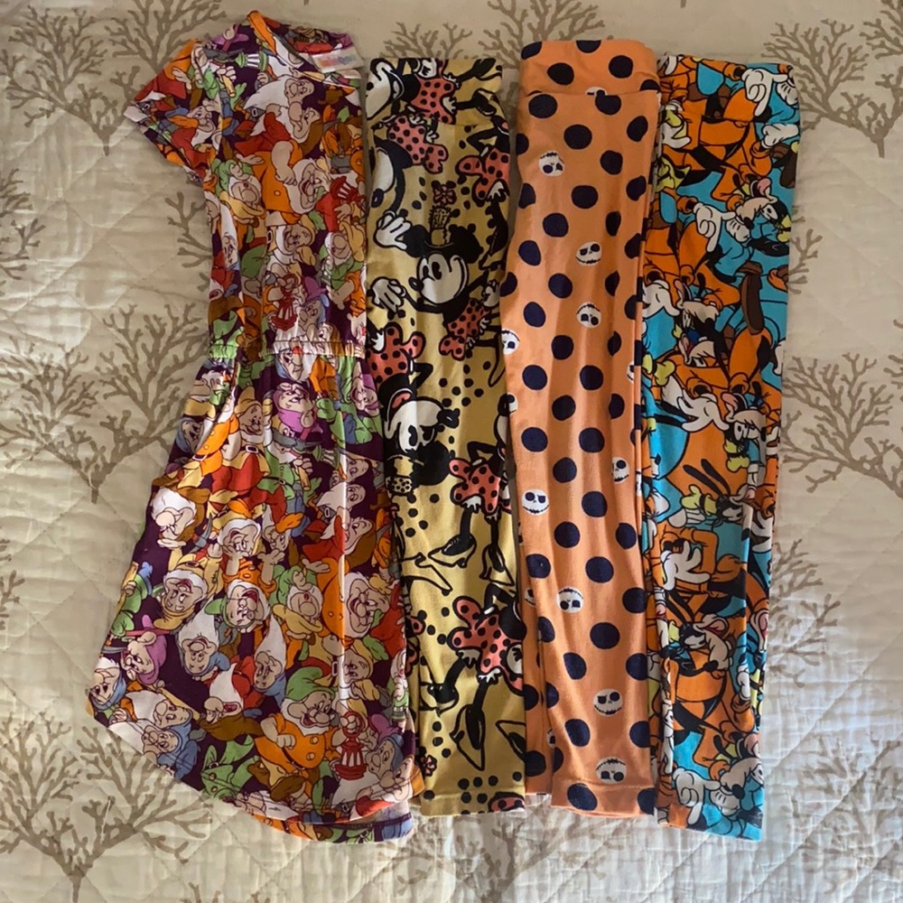 Disney LuLaRoe sm/med girls leggings and size 4 Mae dress